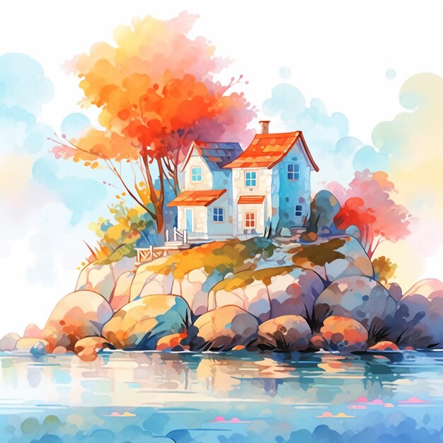 illustration of a house on a rock in the water generative ai