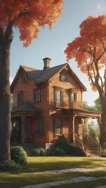 An illustration of a house and trees