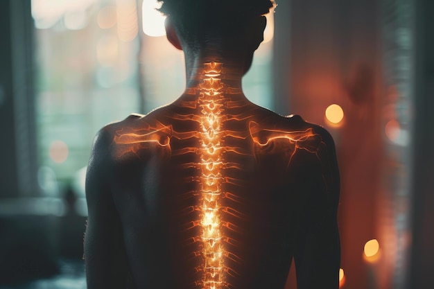 Illustration of a human back with glowing spine symbolizing back pain