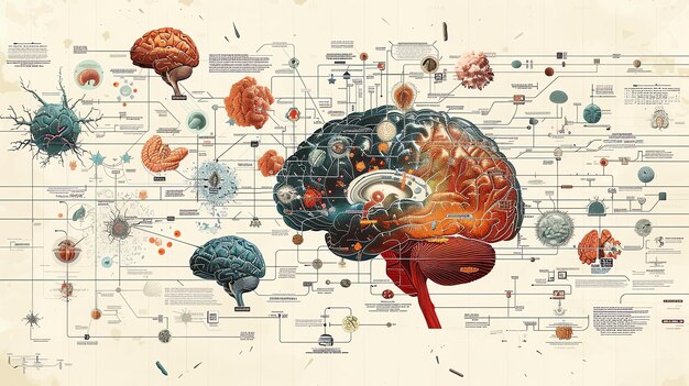 An illustration of a human brain with a detailed crosssection view