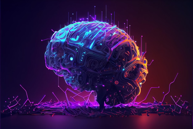 Illustration of human brain with impulses of neuronsAI