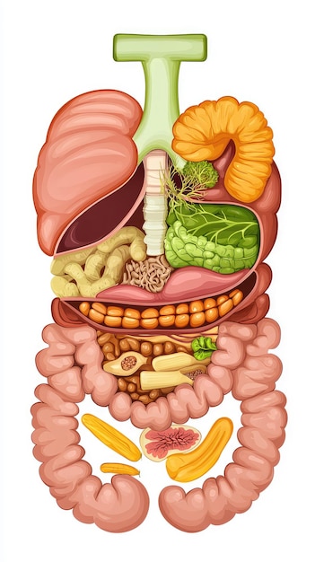 Photo illustration of human digestive system showcases various organs and food items providing detailed view of digestion this educational image highlights complexity and functionality of digestive tract