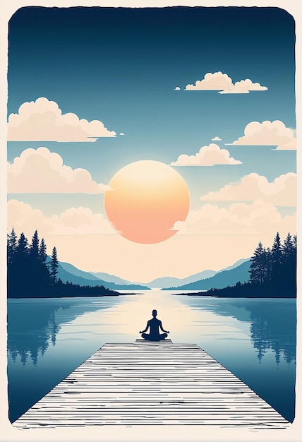 Photo illustration of a human figure sitting in a meditative pose in front of a lake creation of a website on the topic of meditation and selfknowledge