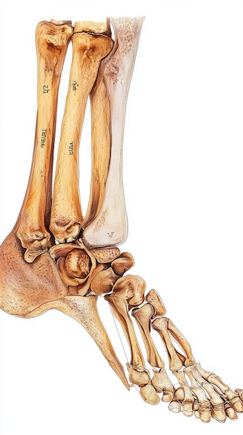 Photo illustration of human foot with labeled bones showcasing intricate structure of ankle and foot this detailed depiction highlights bones and joints emphasizing their anatomical significance