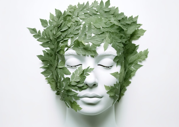 Illustration of human head and brain by green plant leaves Generative AI