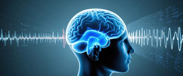 Photo illustration of a human head with brain waves and heartbeat visualization