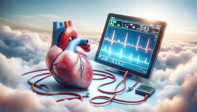 Illustration of a human heart connected to a digital monitor displaying ECG pulse rate 60 and SpO2