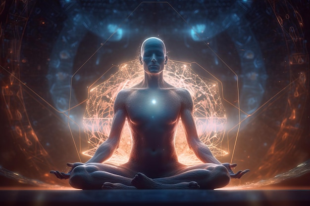 Illustration of human meditating spirituality astral body with light rays AI generated