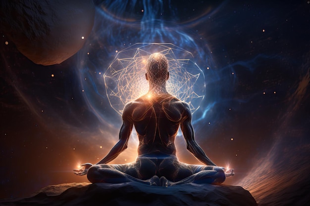 Illustration of human meditating spirituality astral body with light rays AI generated