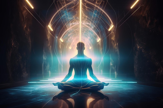 Illustration of human meditating spirituality astral body with light rays AI generated