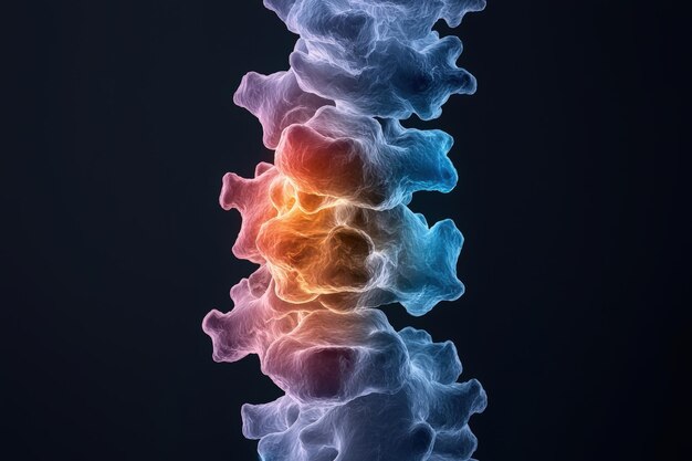 Photo illustration of a human spine with vibrant colors highlighting its structure and dynamic features against a dark background