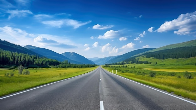 Illustration image of landscape with country road, empty asphalt road on blue cloudy sky background. Multicolor vibrant outdoors horizontal image, Generative AI illustration