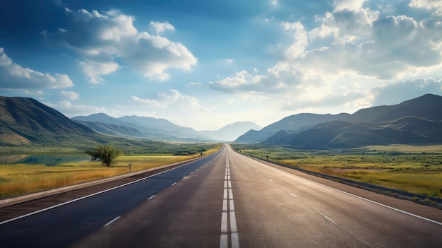 Illustration image of landscape with country road, empty asphalt road on blue cloudy sky background. Multicolor vibrant outdoors horizontal image, Generative AI illustration