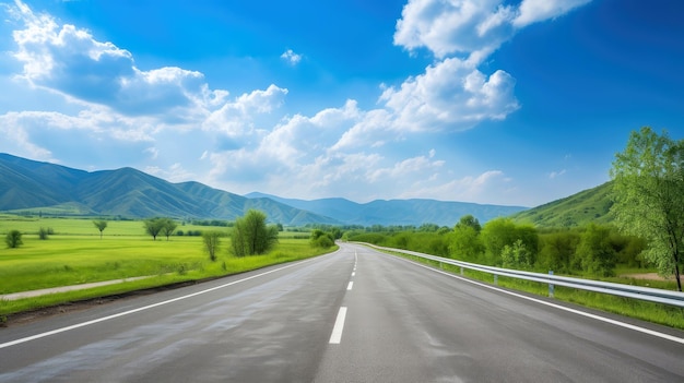 Illustration image of landscape with country road, empty asphalt road on blue cloudy sky background. Multicolor vibrant outdoors horizontal image, Generative AI illustration