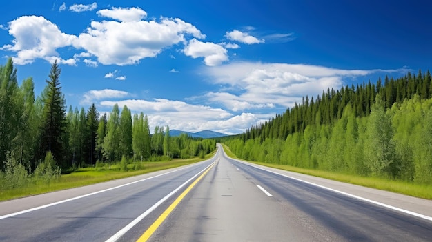 Illustration image of landscape with country road, empty asphalt road on blue cloudy sky background. Multicolor vibrant outdoors horizontal image, Generative AI illustration