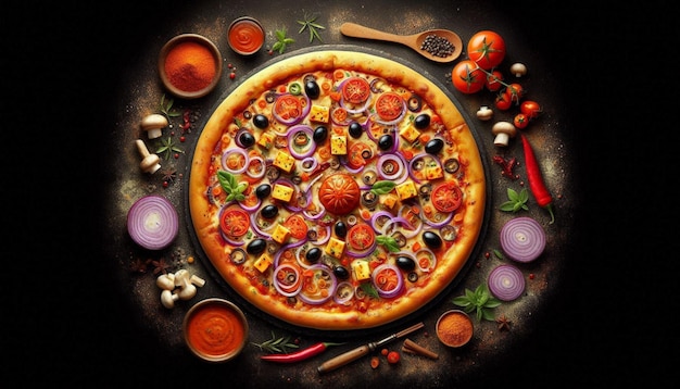 Illustration image of a pizza with lots of spice and cheese on it