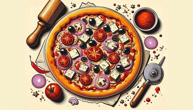 Photo illustration image of a pizza with lots of spice and cheese on it