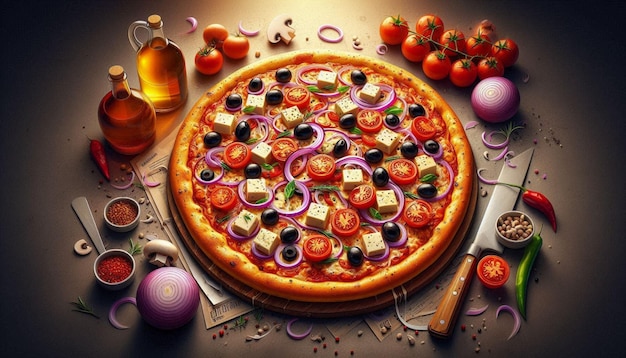 Photo illustration image of a pizza with lots of spice and cheese on it