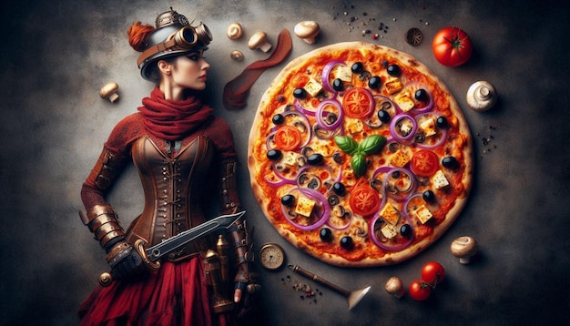 Illustration image of a pizza with lots of spice and cheese on it