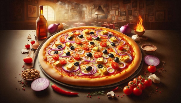 Illustration image of a pizza with lots of spice and cheese on it