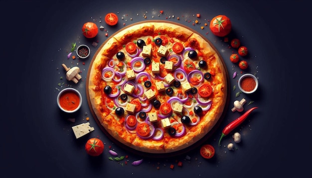 Illustration image of a pizza with lots of spice and cheese on it