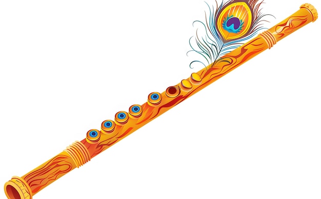 Photo illustration of an indian flute with peacock feather isolated on white background