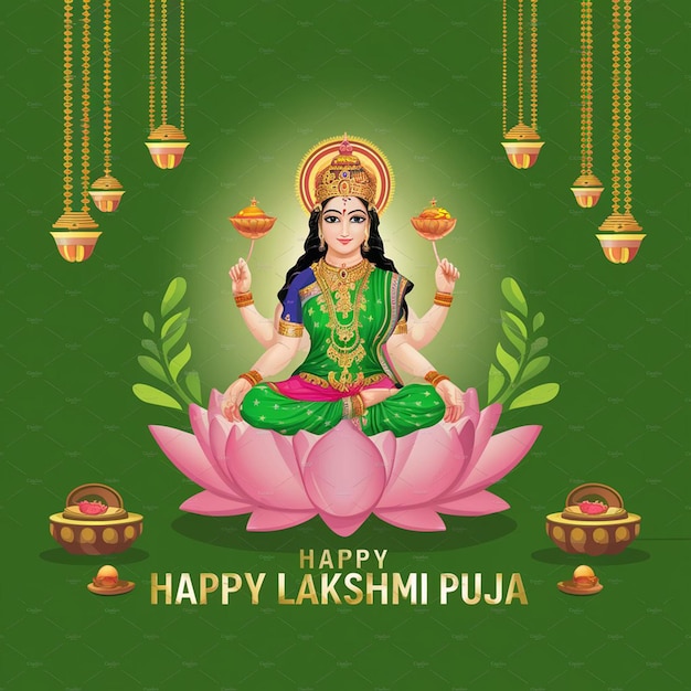 Illustration of Indian Goddess of Wealth Shri Laxmi sitting on a flower on a decorated background