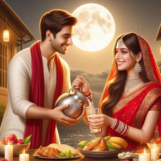 Photo illustration of indian hindu festival happy karva chauth background with couple doing karwa chauth