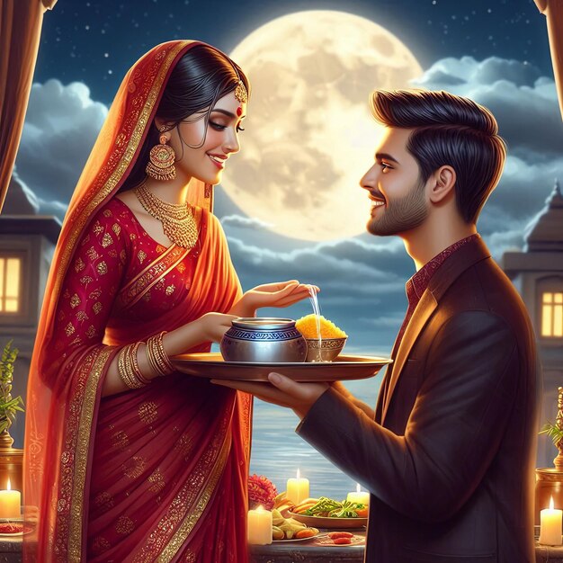 Photo illustration of indian hindu festival happy karva chauth background with couple doing karwa chauth