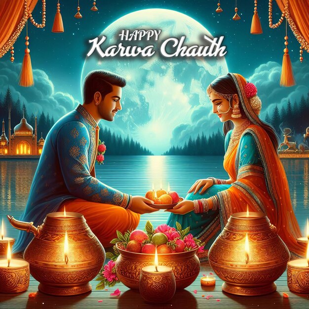 Photo illustration of indian hindu festival happy karva chauth background with couple doing karwa chauth