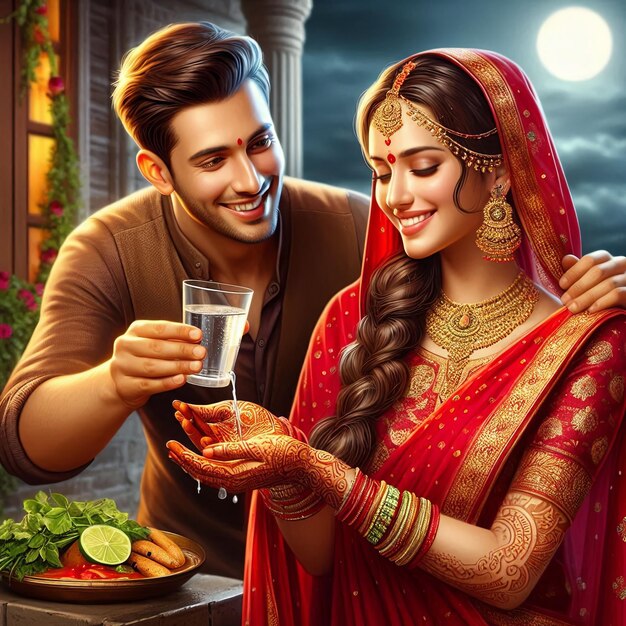 Photo illustration of indian hindu festival happy karva chauth background with couple doing karwa chauth