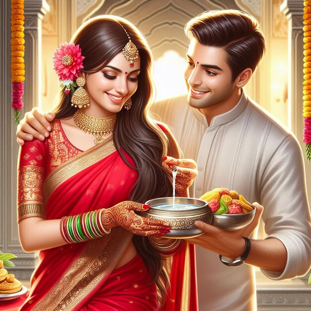 Photo illustration of indian hindu festival happy karva chauth background with couple doing karwa chauth