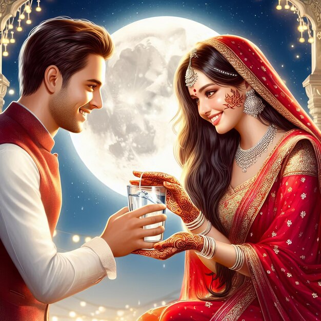 Photo illustration of indian hindu festival happy karva chauth background with couple doing karwa chauth