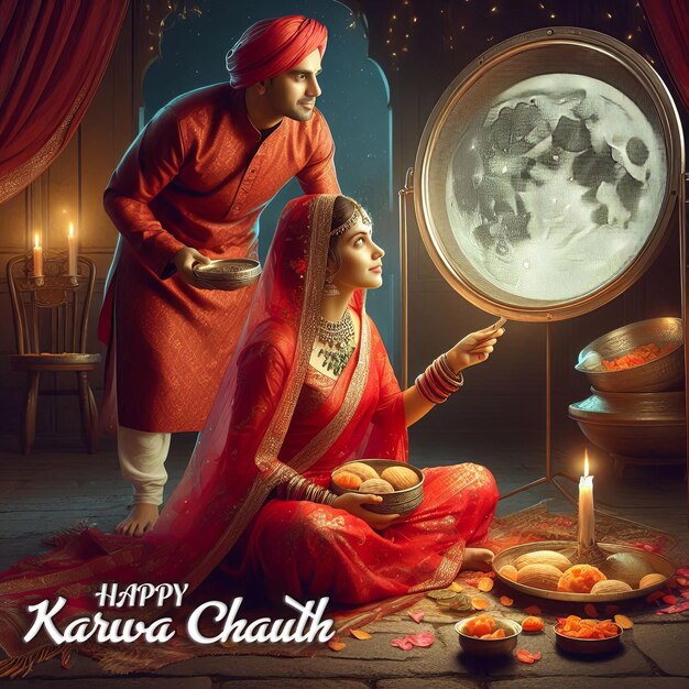 Photo illustration of indian hindu festival happy karva chauth background with couple doing karwa chauth