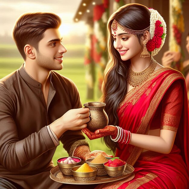 Photo illustration of indian hindu festival happy karva chauth background with couple doing karwa chauth