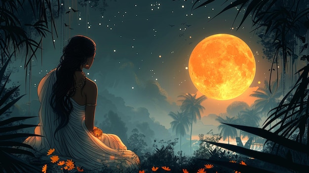 illustration Indian woman performing Hindu married festival Karwa Cahuth looking moon through shieve