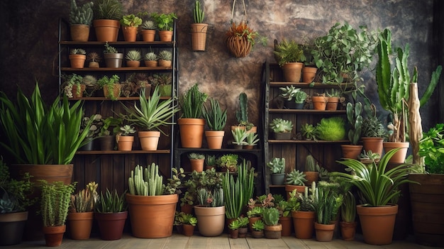 Illustration of indoor plants in pots on a shelf in a shop