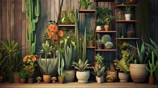 Illustration of indoor plants in pots on a shelf in a shop