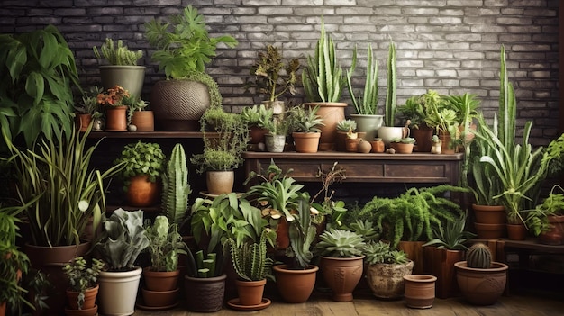 Illustration of indoor plants in pots on a shelf in a shop