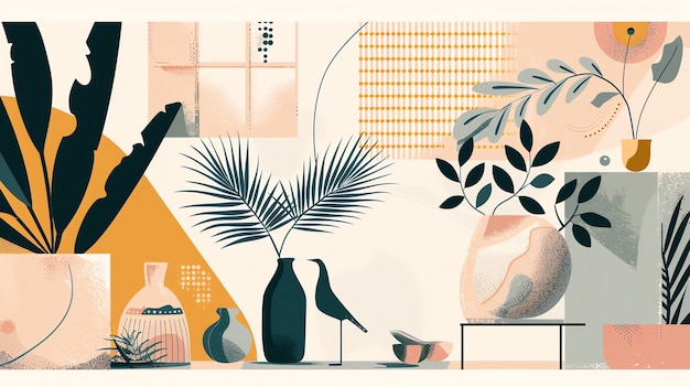 Photo an illustration of an interior design scene with plants and geometric shapes