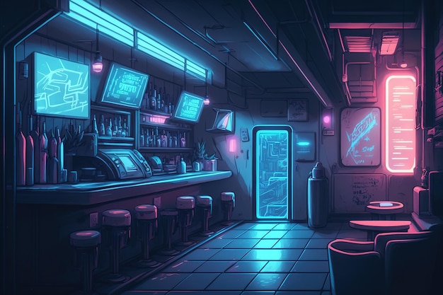 An illustration of the interior of a futuristic cyberpunk nightclub with a bar and neon lighting