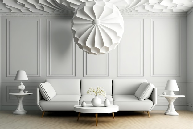 Illustration interior scene and mockup living room modern ceiling decoration white sofa round lamp decoration