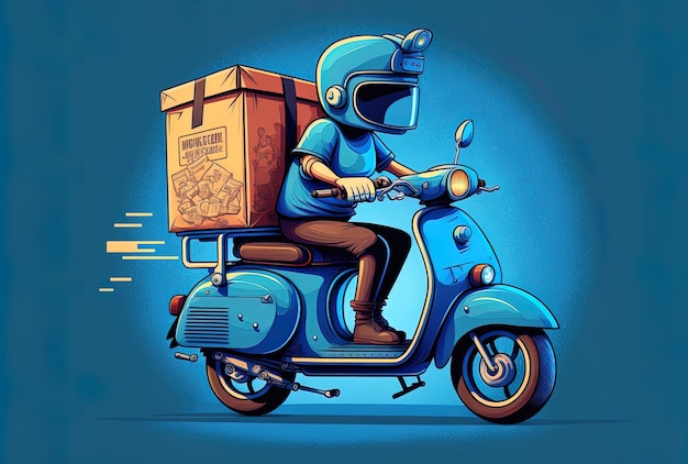 Illustration of an internet delivery motorbike or scooter with a blue backdrop