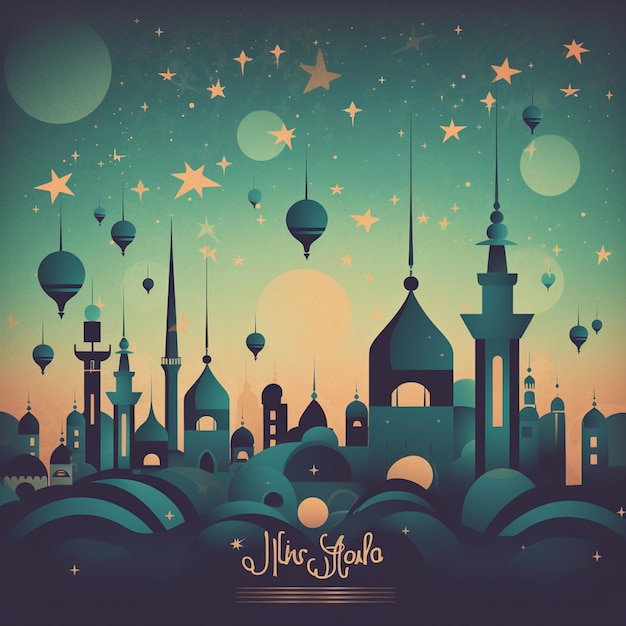 Illustration for Islamic New Year light blue yellow mosque flat