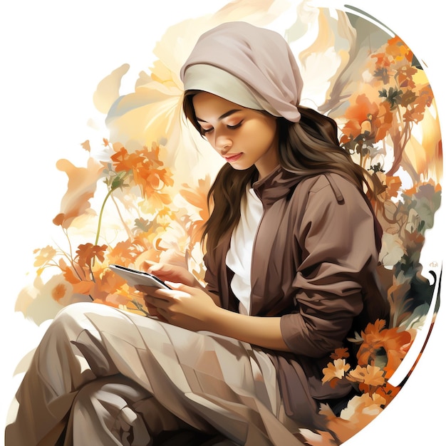 Illustration of an islamic woman holding her tablet