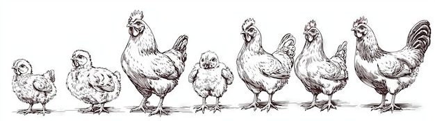 Photo illustration of an isolated chicken set with an ink sketch of hen fowl isolated illustration of a rooster with hen fowls