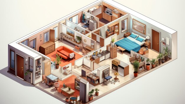 a illustration isometric architecture drawing interior housing furniture set public housing AI Generative