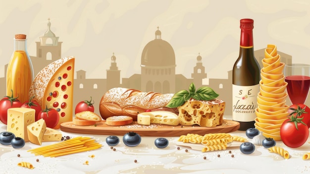 Illustration of Italian culinary delights featuring wine cheese pasta and fresh produce with an Italian cityscape backdrop