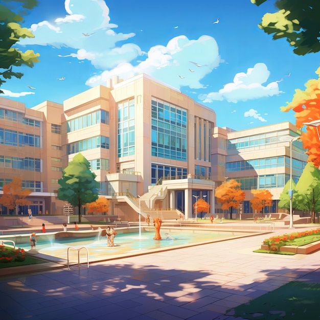 illustration of japan soka university building pixel disney style