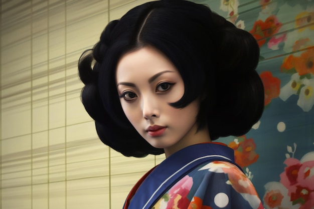 Illustration of japanese geisha with kimono